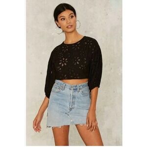 Ecru Lab Black Eyelet Lace Up Back Crop Top Puff Sleeve E0013T Womens Small